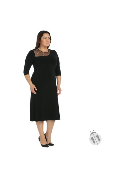 4089S-Nidya Moda Büyük Beden Işli Sandy Elbise Siyah