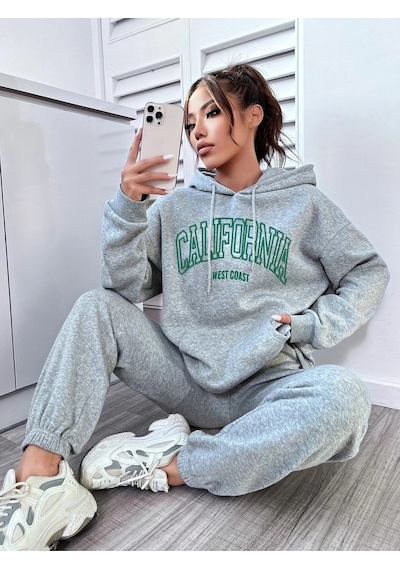 Eşofman Takımı Sweatshirt Jogger - Gri Baskılı Oversize Şardonlu Kapüşonlu Gri