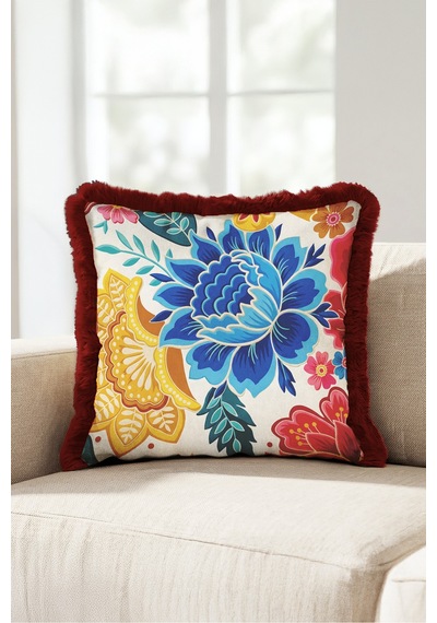Çiçek Desenli Bohem Şık Saçaklı Yastık Kılıfı - Etnik Floral Modern Püsküllü Kırlent Kılıfı Siyah