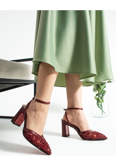 Elvı Kadın Taşlı Bej Topuklu Ayakkabı 9 Cm Bordo