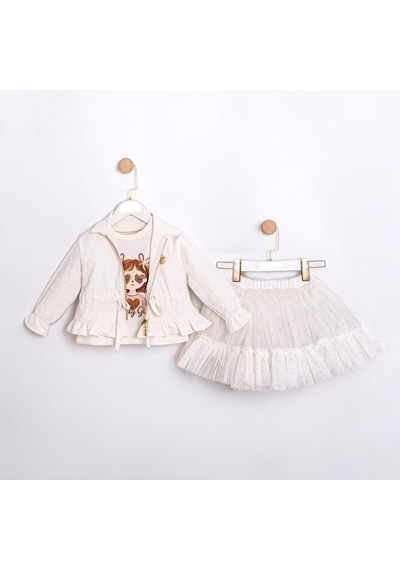 Ministok White Fashion Ceket Tütü Etek T-shirt 3'lü Kız Çocuk Takım Beyaz