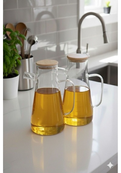 Borosilikat Masterchef Bambu Kapaklı Cam Yağlık 2 Li Set 900 Ml+900 Ml Şeffaf