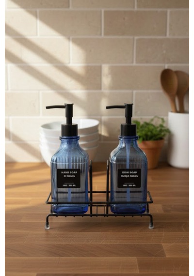Makri Home Modern Çizgili Desenli Cam Ikili Sıvı Sabunluk & Deterjanlık Seti, Mavi - 500 Ml Cam Sabunluk Mavi