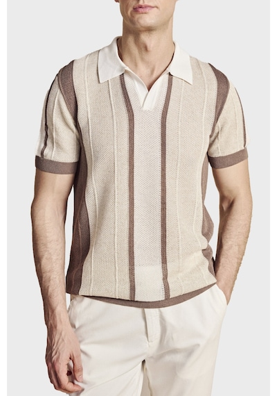 Brooks Brothers Düğmesiz Çizgili Keten Karışımlı Kısa Kollu Polo Yaka Kazak Erkek Polo Yaka Kazak Bbss26mkl008463 Vizon-ekru-beyaz