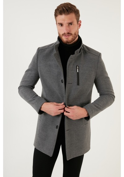 Buratti Slim Fit Düğmeli Dik Yaka Kaşe Erkek Kaban 5840099 Açık Gri