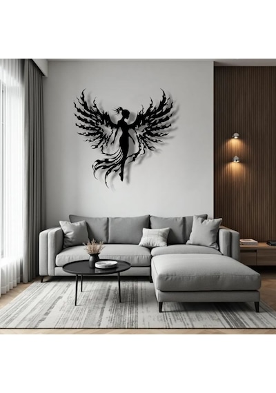 Alev Kanatlı Melek Metal Duvar Dekoru Gücün Ve Zarafetin Sanatsal Yorumu - Renk Variant Property : 000-siyah, Ebatlar Variant Property : 80 X 80