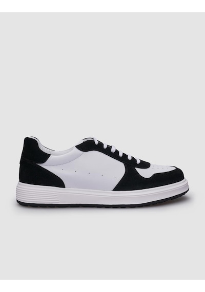 %100 Hakiki Deri Beyaz - Siyah Bağcıklı Erkek Sneaker-beyaz Beyaz