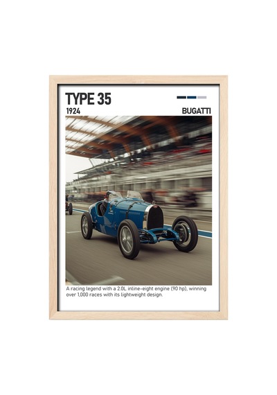 Bugatti Type 35 Ahşap Çerçeveli Poster Tablo Tarihi Yarış Aracı Ahşap 01