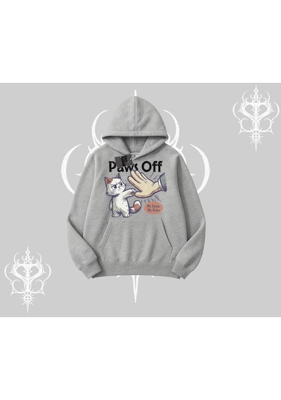 Paws Off Yazılı Kedi Baskılı Streetwear Kapşonlu Sweatshirt Gri