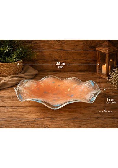 El Yapımı Üfleme Cam Dekoratif Meyvelik & Sunumluk 38 Cm Çap Modern Rustik Tasarım Cam Kase