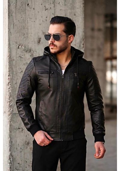 Oksit Kegg Erkek Siyah Slim Fit Kapüşonlu Omuz Detaylı Suni Deri Ceket