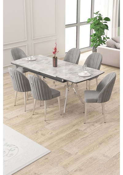 Canisa Sim Serisi 89x150 Açılabilir Lak Panel Rampla Gri Krom Ayak Masa Takımı Ve 6 Gri Sandalye Masa Rampla Gri Sandalye Gri Krom Ayak Canisa Sim Serisi 89x150 Açılabilir Lak Panel Rampla Gri Krom Ayak Masa Takımı Ve 6 Gri Sandalye Masa Rampla Gri Sandalye Gri Krom Ayak