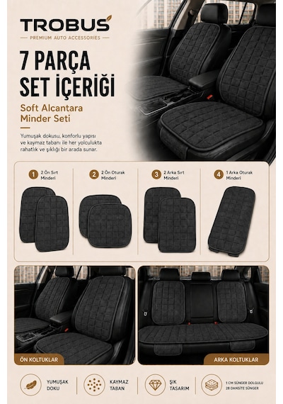 Opel Astra 2000-2004 Üniversal Soft Alkantra Kare Desen 7 Parça Oto Koltuk Minderi Antrasit