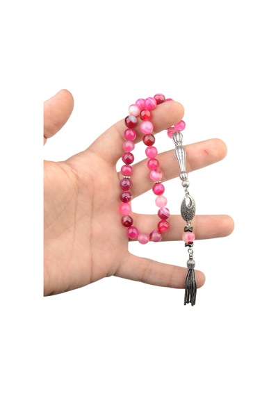 Gümüş İmame Gümüş Püskül Küre Kesim 8x8 Mm Doğal Pembe Kuvars Taşı Tesbih Pembe
