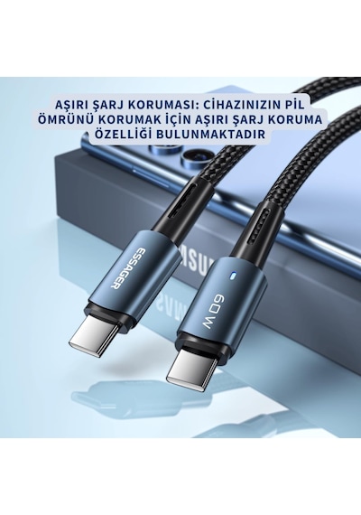 Essager 2 Metre 60w Type C To Type-c Ultra Hızlı Data Şarj Kablosu,süper Dayanıklı Şarj Ve Data Kablosu