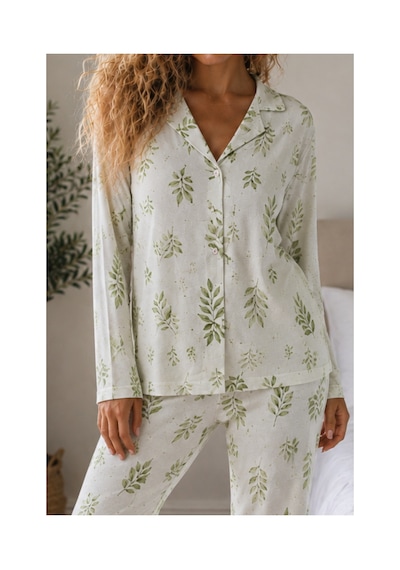 Fit Women Kadın Örme Gömlek Yaka Çağla Yeşili Pijama Takımı