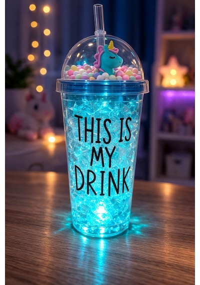 Sevimli Renkli Çılgın 450ml Led Işıklı This İs My Drink Temalı Pipetli İçecek Bardağı Suluk 2642mavi Mavi