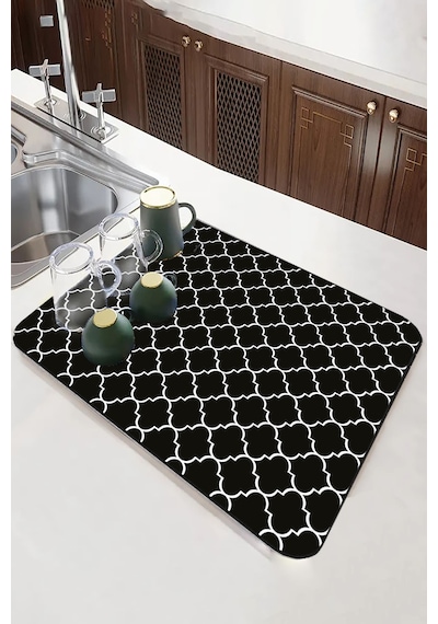 Siyah Fas Desen Microfiber Bulaşık Kurutma Matı Mm002