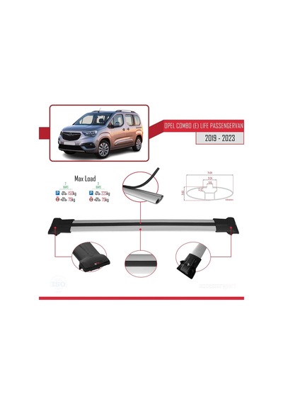 Opel Combo E Life Passengervan 2019-2023 Arası İle Uyumlu Fly Model Ara Atkı Tavan Barı Gri