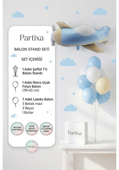 Retro Uçak Balon Stand Seti Şeffaf 7 Li Stand + Retro Uçak Folyo Balon 78 42 Cm + 7 Lateks Balon