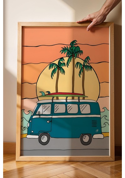 Volkswagen Minibüs İle Plaja Yolculuk Çerçeveli Tablo - Pop Art Poster Tablo