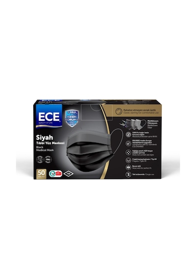Ece 3 Katlı Siyah Cerrahi Maske Telli 50'li