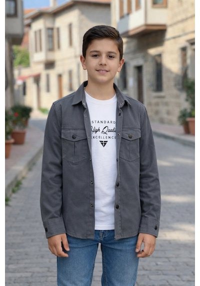 Pina Kids Erkek Çocuk Çıtçıtlı Gömlek Tişört Üst Takım Füme