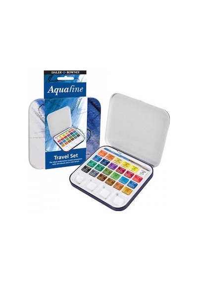 Daler Rowney Aquafine Travel Tablet Sulu Boya Seti 24 Renk Metal Kutu Çok Renkli