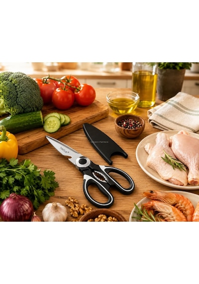 Çok Amaçlı Mutfak Makası, 21 Cm, Paslanmaz Çelik, Keskin, Tavuk, Balık, Deniz Ürünleri, Et, Sebze Kesme Makası, Ergonomik Sap, Ceviz Kıracaklı, Ev Ve Mutfak Yardımcı Gereci, Ka051 Kılıflı