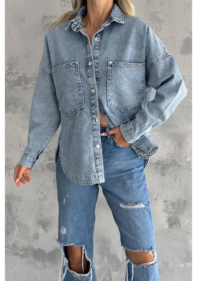 Noa & Noa Kadın Chıc Etiketli Yırtık Denim Gömlek Urban Rebel Mavi
