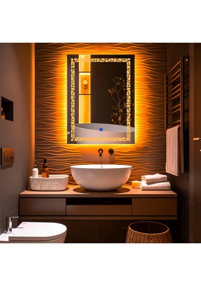 Gleamira Vertical Amber Led'li Lazer Kumlamalı Lavabo & Banyo Aynası Dokunmatik Sensörlü 100 X 75 Cm Turuncu