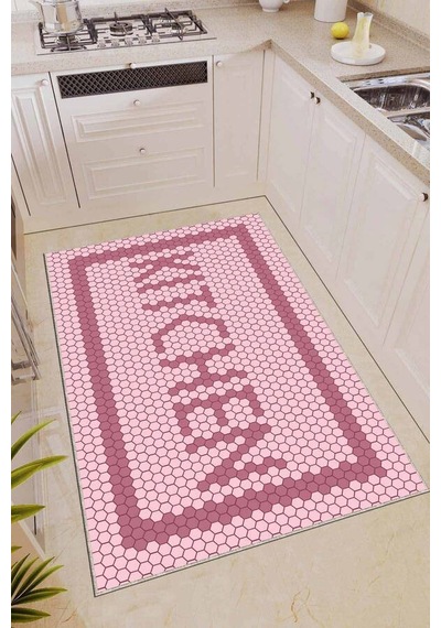 Pembe Kaymaz Tabanlı Kitchen Yazılı Mutfak Halısı Ar493n11
