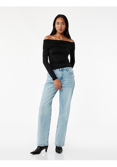 Koton Slim Fit Uzun Kollu Drapeli Omzu Açık Tişört Siyah 6wak80032ek SIYAH