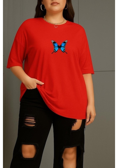 Büyük Beden Kelebek Baskılı Unisex Tişört Kırmızı
