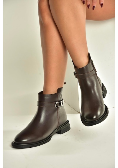 Fox Shoes V555255503 Kahverengi Alçak Tabanlı Hakiki Deri Kadın Bot Kahverengi