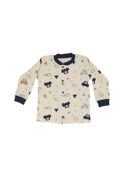 Bebegen Erkek Çocuk Ekru Laci Arabalı Desenli Çıtçıtlı Pijama Takımı Çok Renkli