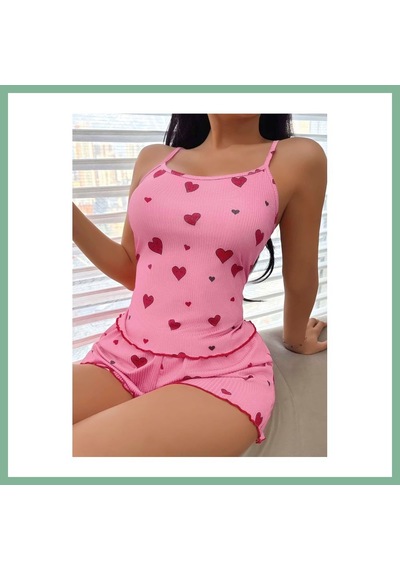 Bşkvirgo Kadın Pembe Kalp Desenli Askılı Şortlu Takım 5103 Beden: L/xl Renk: Pembe Bsk2026