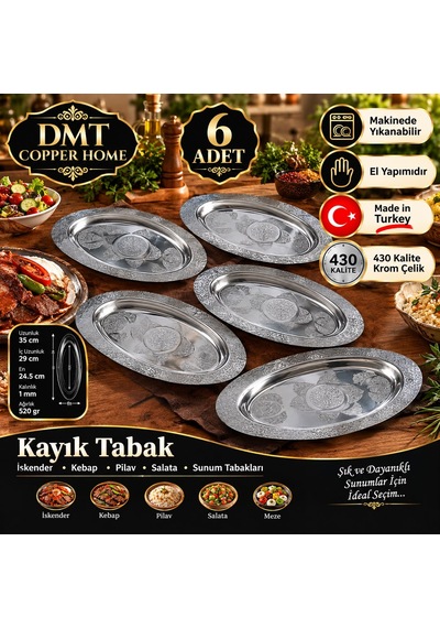 430 Kalite Krom Çelik 6 Adet İşlemeli Kayık Tabak 35 Cm İskender, Kebap, Pilav Ve Salata Sunum Tabağı Gümüş