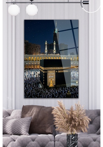 Kabe Cam Tablo 4 Mm Temperli Cam Mekke Gece Manzarası Dekoratif Duvar Tablosu