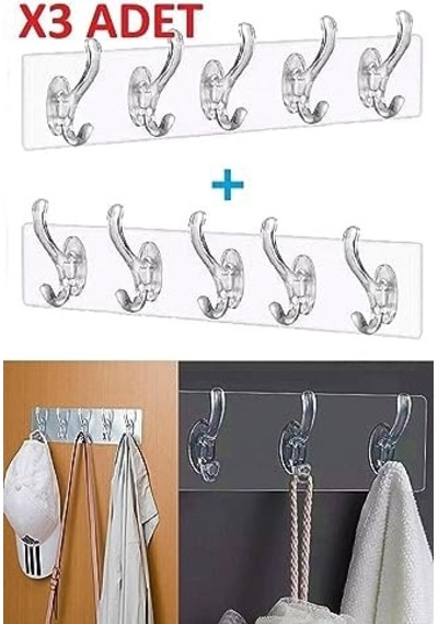 -3 Adet Kendinden Yapışkanlı Güçlü Şeffaf 5'li Askılık - Kapı Arkası Mutfak Duvar Banyo Askı