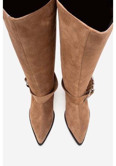 Luvishoes Helıos Toprak Süet Hakiki Deri Tokalı Kadın Western Çizme Toprak