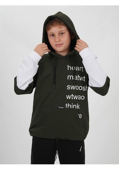 Zekids Çocuk Pamuklu Kapüşonlu Heart Mat Yazılı Sweatshirt-14830 Haki