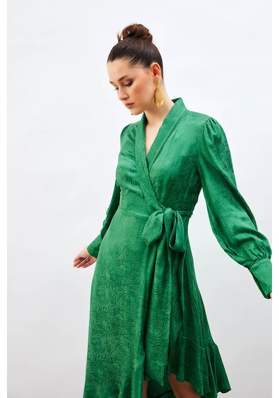 Sateen Jakarlı Asimetrik Elbise - Yeşil-132602 Yeşil