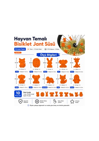 Hayvan Temalı Bisiklet Jant Süsü 20 Parça 2 Renk 10 Farklı Model Mor-turuncu