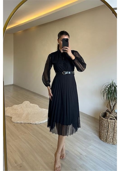 Neşeli Butik Kadın Dantelli Piliseli Yaka Bağlamalı Midi Elbise Nm012 Siyah