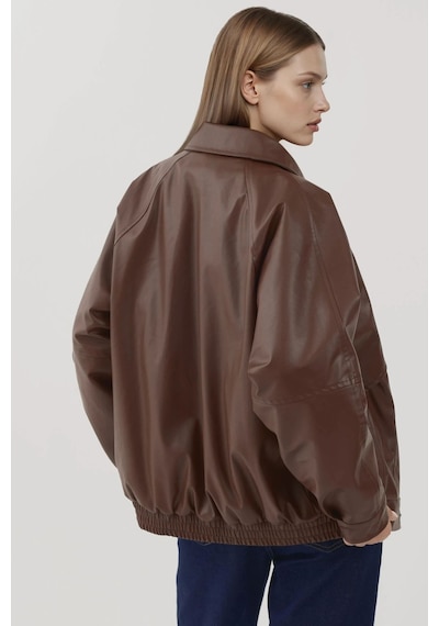 Hiccup Cep Detaylı Oversized Suni Deri Ceket Kestane Kahvesi