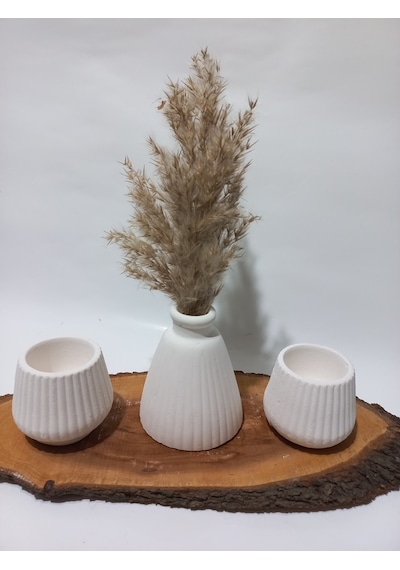 Pampas Vazolu Tabaklı İkili Tealight Mumluk Set Beyaz