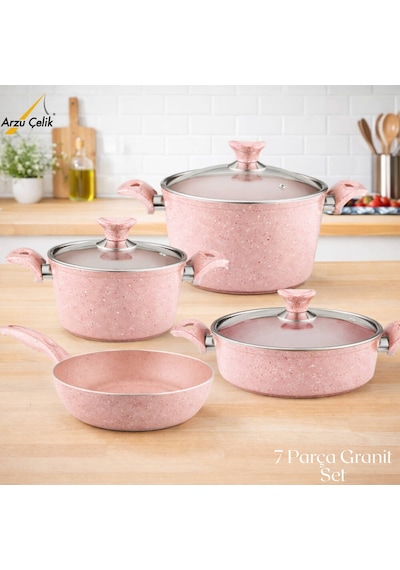 7 Parça Granit Set Cam Kapak - Pembe Pembe