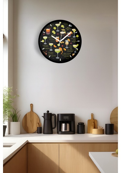 Kokteyl Bardağı Modern Tasarım Duvar Saati - 25cm - Önü Camlı Siyah Kasa - Sessiz Mekanizma-jh0273 Siyah