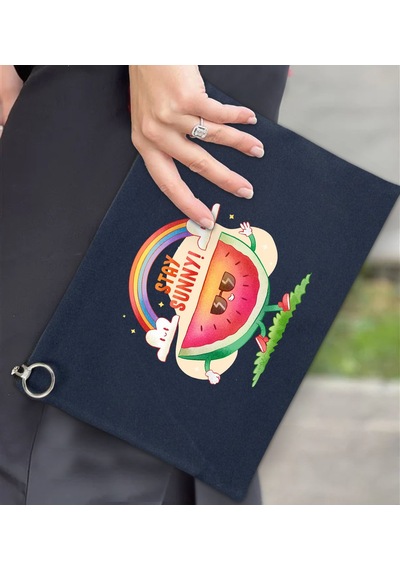 Bk Gift Yaz Temalı-7 Astarlı Lacivert Portföy Çanta 30x21cm, Baskılı El Çantası, Organizer Çanta